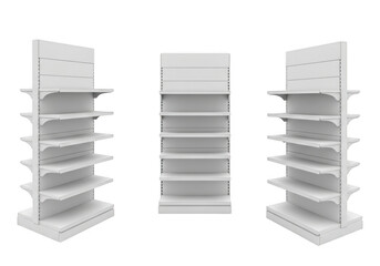 Three empty white retail display shelves isolated on transparent background