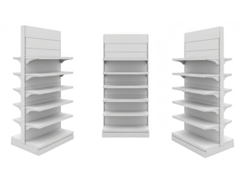Three empty white retail display shelves isolated on transparent background