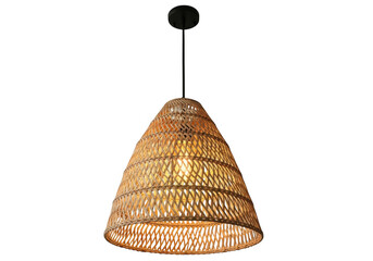 Woven rattan pendant light fixture, conical shape, isolated on transparent background