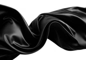 Flowing black silk fabric isolated on transparent background, elegant and luxurious textile with soft folds and highlights