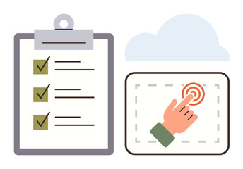Clipboard with checklist and digital touch gesture icon, representing task organization, productivity, technology, automation, planning, digital tools, and efficiency in a simple flat metaphor