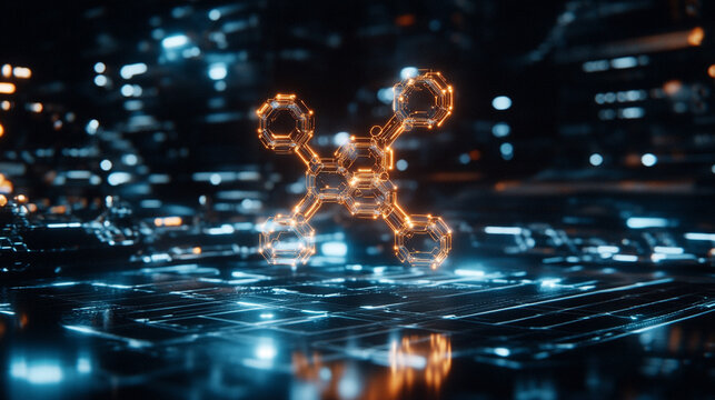 Holographic chemical formula hovering above table glowing with futuristic light representing science innovation research technology and digital chemistry visualization in a modern lab environment - Powered by Adobe