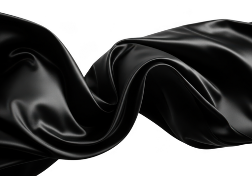 Flowing black silk fabric isolated on transparent background, elegant and luxurious textile with soft folds and highlights