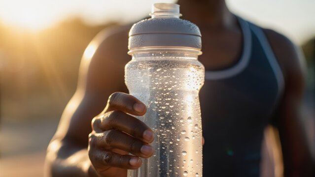 A person holding a water bottle with condensation, illuminated by sunset, suggesting fitness and hydration.