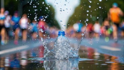 A water bottle splashes in a puddle, capturing the moment during a lively running event with blurred runners in the background.