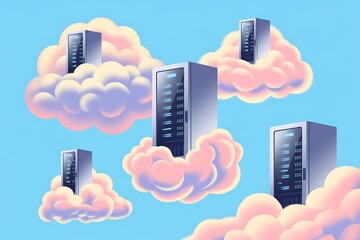 Multiple server racks resting on fluffy pink and white clouds against a bright blue sky cloud computing