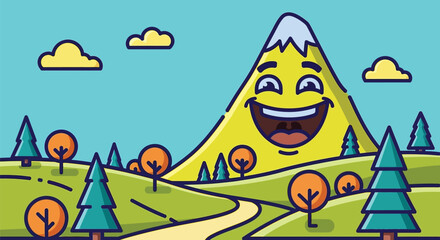 Happy mountain cartoon landscape with trees and winding path design