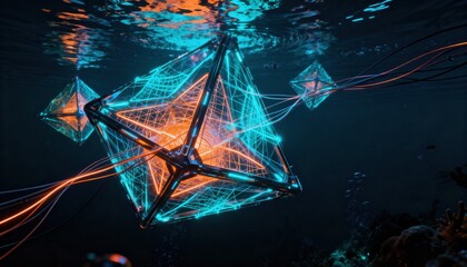 Underwater Geometric Abstraction: A futuristic vision of interconnected geometric structures bathed in an ethereal, aquatic glow.