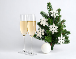 Two champagne glasses with a small Christmas tree decorated with snowflakes and baubles on a white background