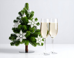 Festive Christmas tree with sparkling champagne glasses, a perfect holiday celebration moment
