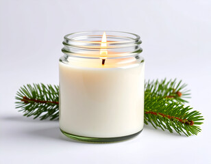A glowing pine-scented candle in a clear glass jar, emitting a soft light on a pristine white background, perfect for a cozy and tranquil setting