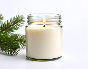 Pine scented candle in a glass jar, softly glowing with a pine branch on the side