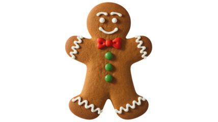 Festive gingerbread man cookie with red bow and green candies
