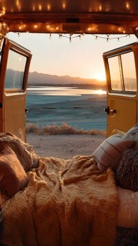 Cozy van life adventures at sunset overlooking the ocean, perfect for travel bloggers and vacation inspiration videos, with a warm, inviting feel