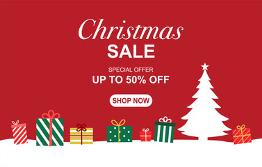 Christmas Sale banner design. Christmas Sale typography text in red background for holiday season shopping discount with gift boxes special promo poster.