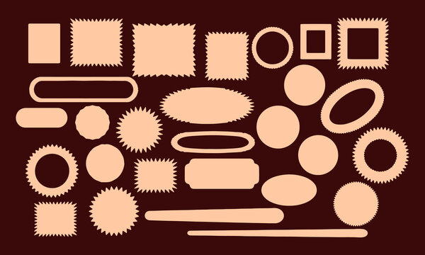 large collection of vintage stamp and label shapes set with perforated edges, circles, ovals, and rectangles for decorative frames