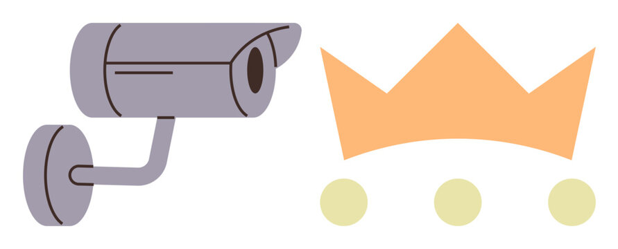 Wall-mounted surveillance camera beside a crown icon. Ideal for security, authority, leadership, privacy, monitoring, governance, and oversight themes. Simple flat metaphor