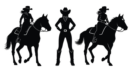 Cowgirl silhouettes riding horses, strong woman rancher standing proud