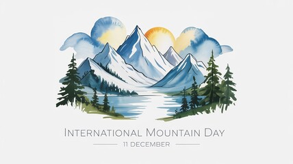 International Mountain Day Watercolor Landscape with Sun and Pine Trees