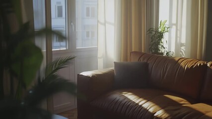 Sunlit living room with brown leather sofa and plants - Powered by Adobe