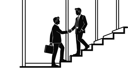 Businessmen shaking hands climbing stairs to success and partnership