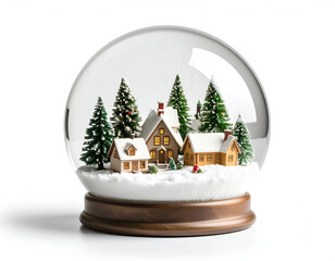 A charming snow globe scene featuring cozy houses and pine trees, perfect for festive decoration and holiday spirit