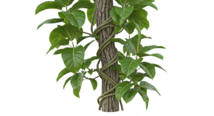 Green vine wrapped around a textured brown branch isolated on transparent background isolated on white background