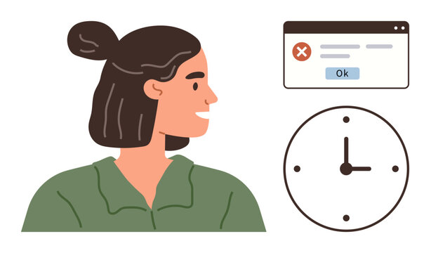 Smiling woman glances sideways, web error pop-up with ok button and clock. Ideal for time management, multitasking, troubleshooting, deadlines, problem-solving, workplace stress, simple flat