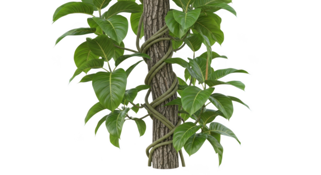 Green vine wrapped around a textured brown branch isolated on transparent background isolated on white background