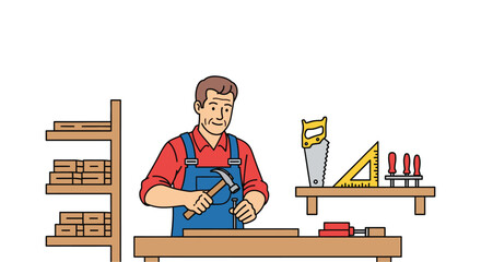 Happy handyman hammering nail into wood in his workshop with tools