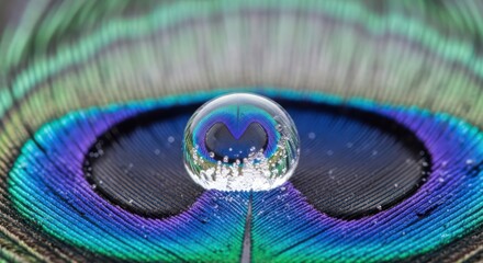 Naklejka premium Captivating macro shot featuring a delicate water droplet on vibrant peacock feather surface