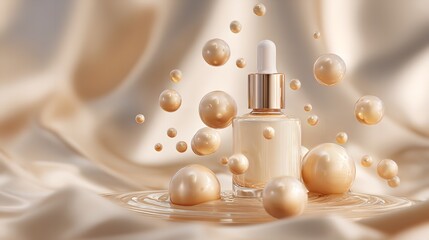 Luxurious cosmetic serum bottle with golden pearls and silk fabric, representing beauty and skincare