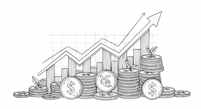 Hand drawn sketch of rising financial graph with stacks of coins symbolizing growth.