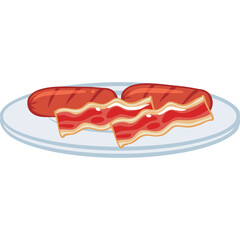 A Plate of Cooked Sausages and Crispy Bacon Strips on a Transparent Background for Breakfast or Brunch