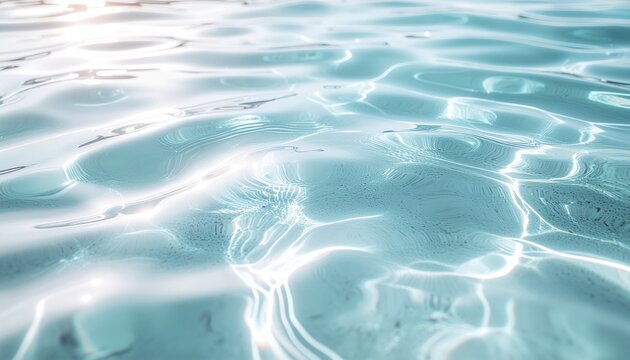 Abstract Close-up of a Clear Water Surface with Gentle Ripples and Bright Sunlight Reflections.