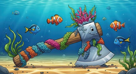 Humorous cartoon illustration of a whimsical axe resting peacefully underwater
