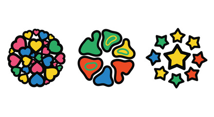 Colorful hearts, abstract shapes, stars create vibrant decorations