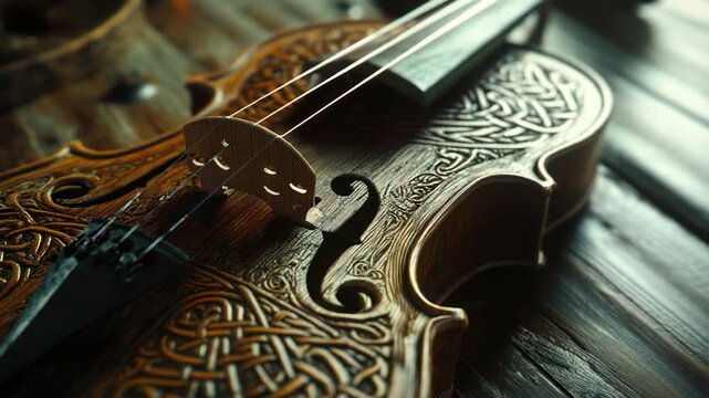 Ornate wooden violin with Celtic knotwork design