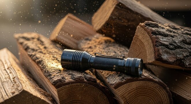 Illuminating firewood stack with a tactical flashlight at dusk woodland ambiance