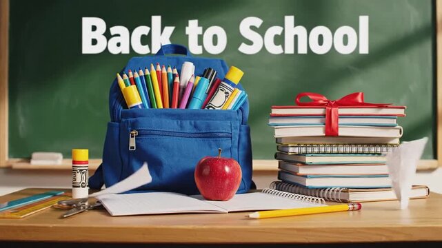 P14-Backpack with different colorful stationery and apple on table and green background. Banner design b_4K_10s 31334512 1