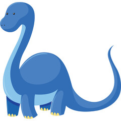Blue cartoon dinosaur with long neck and tail on a transparent white background