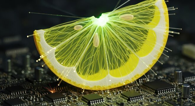 Lemon slice on circuit board, a vibrant fusion of nature and digital technology concept
