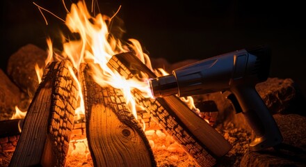 Modern fire starting tool ignites a warm campfire under the night sky for leisure