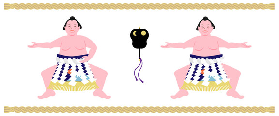 Vector illustration set of Yokozuna sumo wrestler performing dohyo-iri ceremony in Unryu and Shiranui style, cute flat design