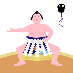 Vector illustration of yokozuna performing ring-entering ceremony in Unryu style with kesho-mawashi