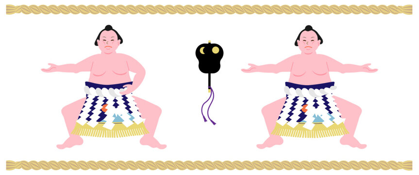 Vector illustration set of Yokozuna sumo wrestler performing dohyo-iri ceremony in Unryu and Shiranui style, cute flat design