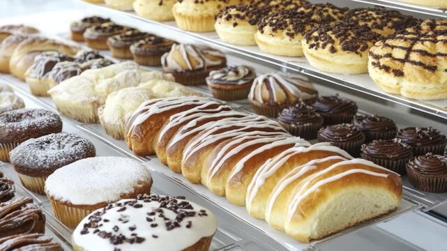 Various pastries and breads displayed on tiered metal shelves