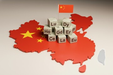 3D China Map With Gray Blocks Labeled Rare Earth Element Symbols and Chinese Flag, Highlighting China’s Role in Global Rare Earth Supply. Global Rare Earth Supply Chain and Technology Manufacturing.