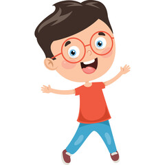 Cartoon boy with round glasses and orange shirt blue jeans joyful expression