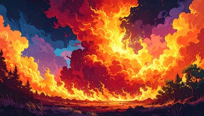 A powerful and dramatic illustration of a colossal inferno engulfing a vast natural landscape, with towering, vibrant orange and red flames reaching towards a dark, smoky sky
